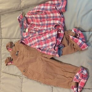 OshKosh B'gosh Brown Overalls and Red Plaid Shirt Set